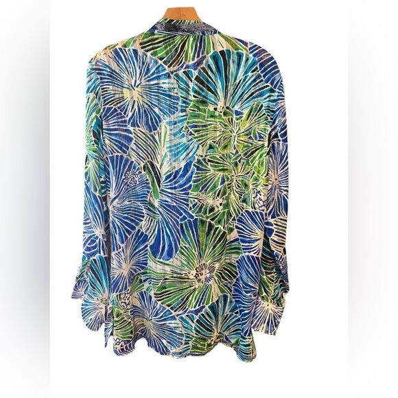 George Roth Sz M Sheer Blue Green Large Tropical Flowers Sequin Collar Tunic - Picture 2 of 8